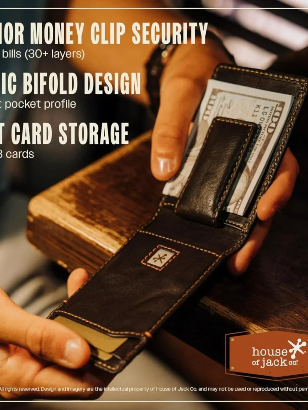 House of Jack Co. Black Bifold Money Clip Wallet for Men Strong Magnetic